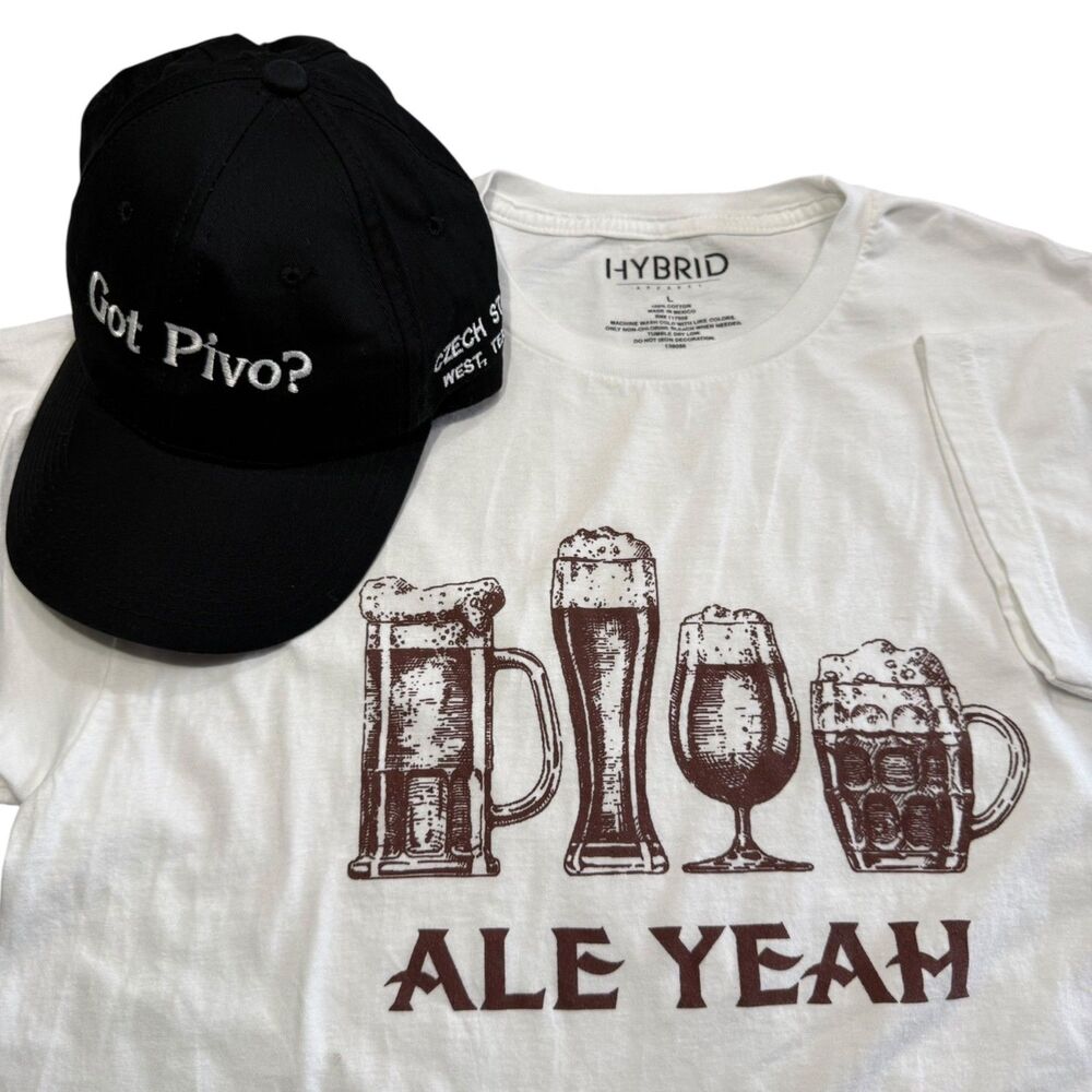 Lot 2 Got Pivo (Beer) Hat &Hybrid Apparel ALE YEAH T-Shirt Lg White Czech Texas